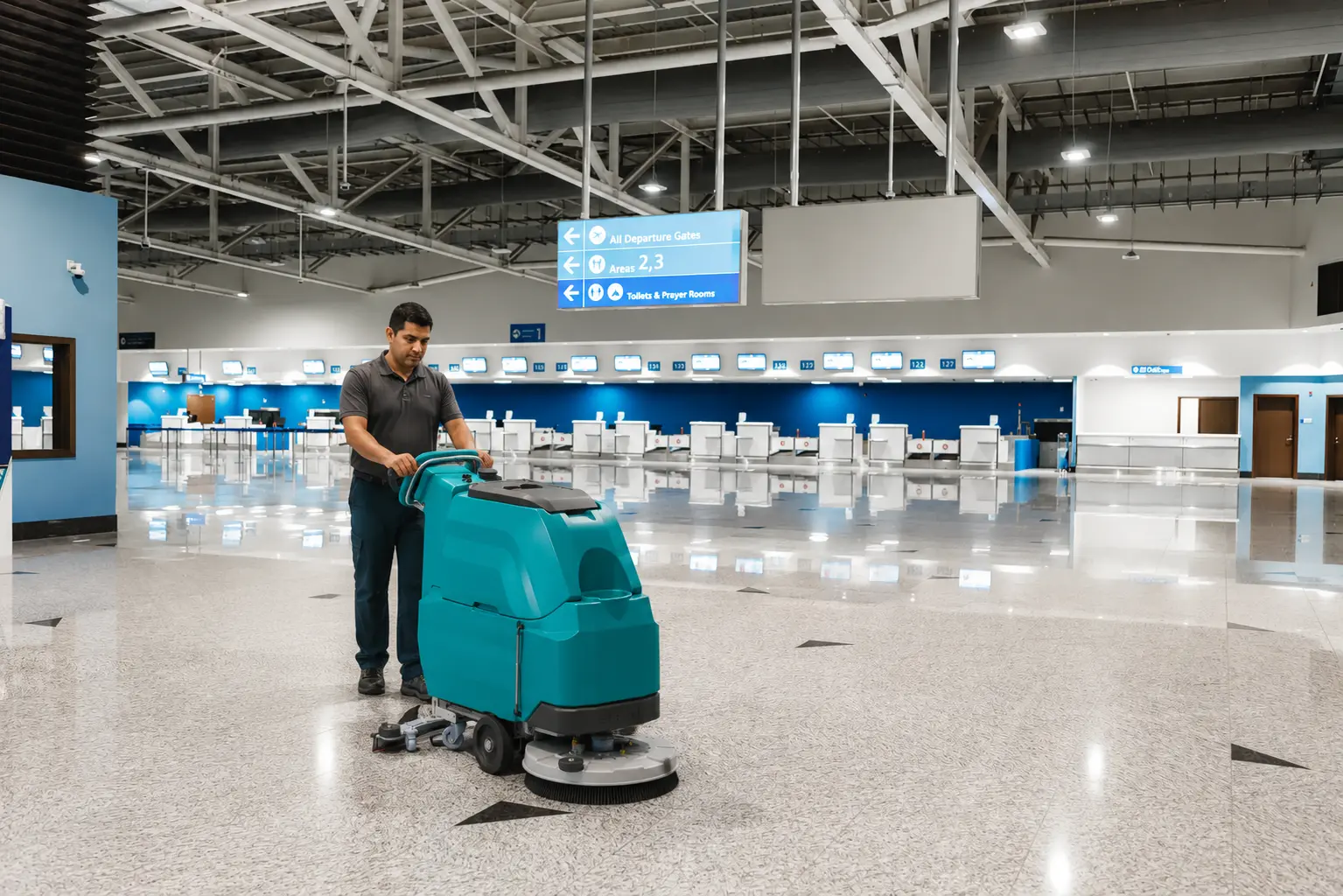 walk behind scrubber dryer in airport