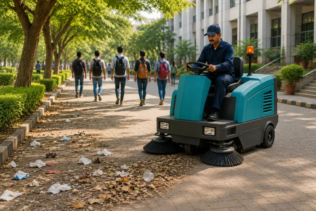 7 Proven Ways Industrial Cleaning Machines Improve Productivity in Manufacturing Plants 3 Ride on sweeper usage in school and college