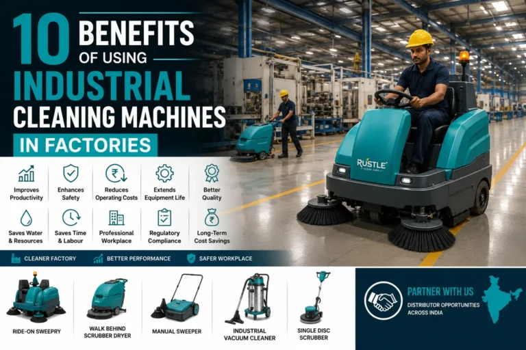 Indust trial cleaning machines Ride-on sweeper cleaning a modern manufacturing factory floor in India to improve productivity and workplace safety.