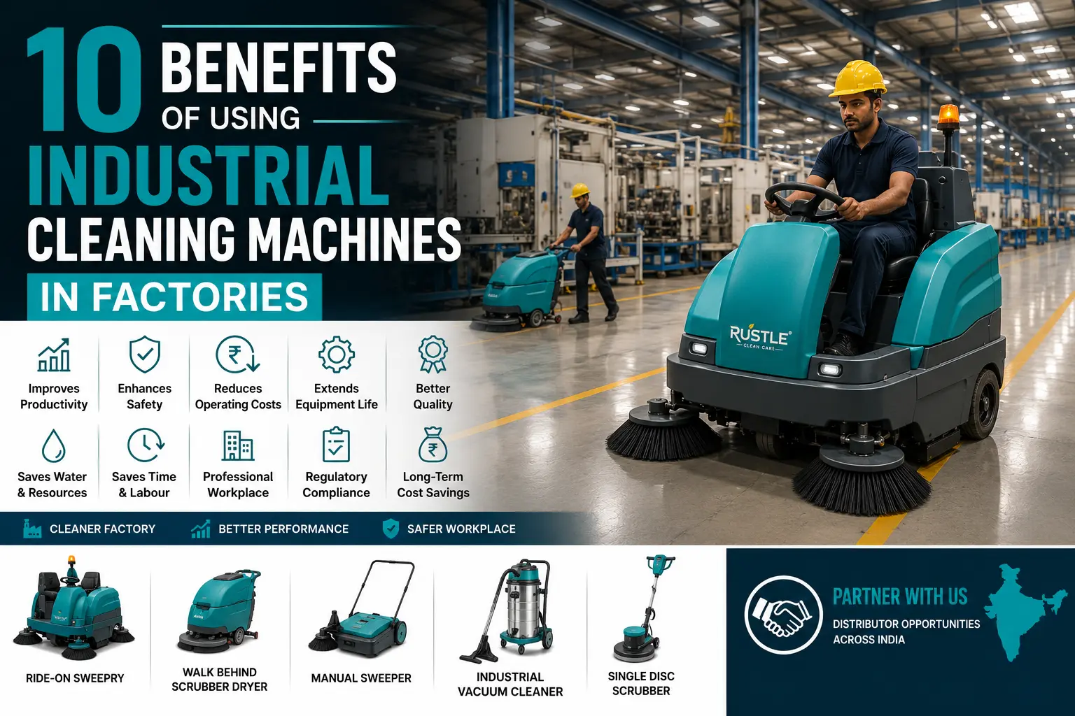 Indust trial cleaning machines Ride-on sweeper cleaning a modern manufacturing factory floor in India to improve productivity and workplace safety.