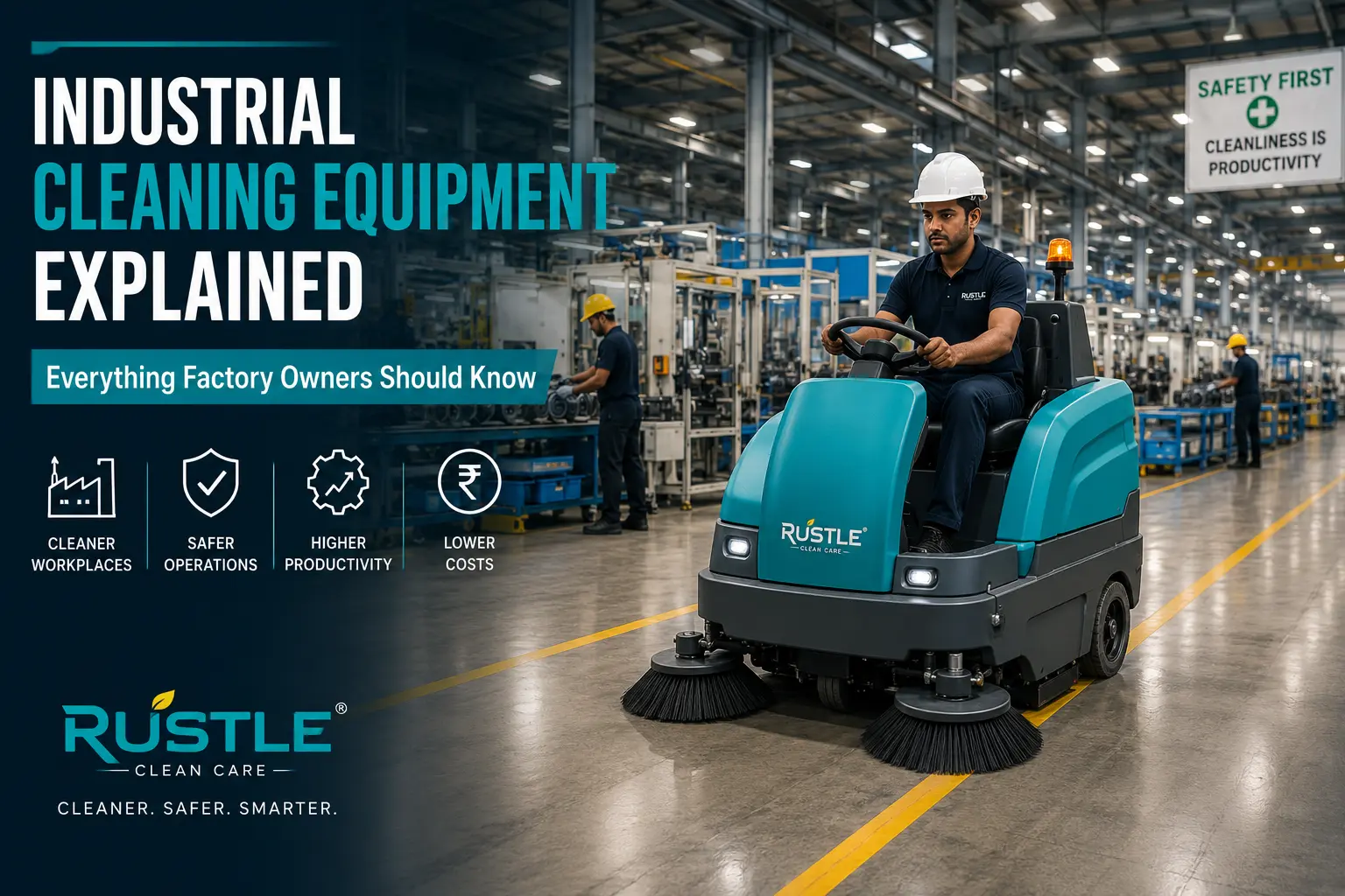 Industrial cleaning equipment in a manufacturing plant in India using a ride-on sweeper.