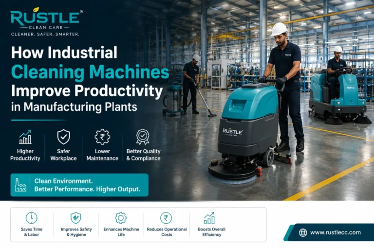 Industrial cleaning machines improving productivity in a modern manufacturing plant in India using walk behind scrubber dryer and industrial vacuum cleaner.