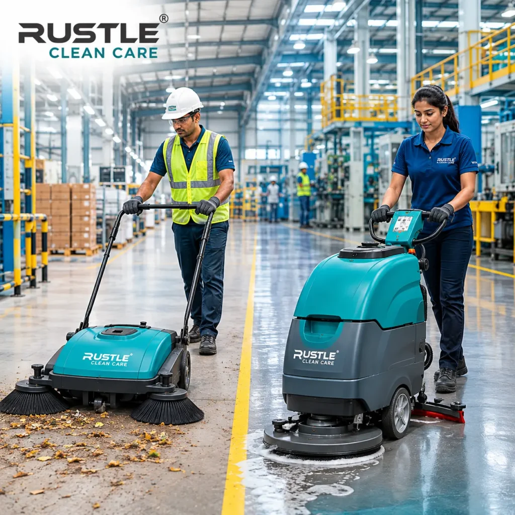Floor scrubber vs sweeper cleaning machines used in an Indian manufacturing facility