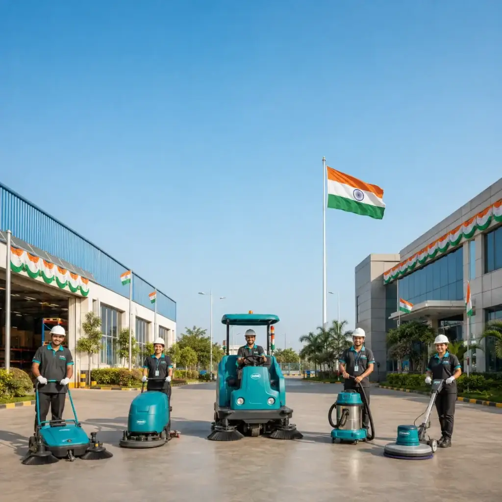 Industrial cleaning machines including manual sweeper, walk behind scrubber dryer, ride on sweeper, industrial vacuum cleaner and battery operated sweeper for Independence Day Clean India campaign by Rustle Clean Care.