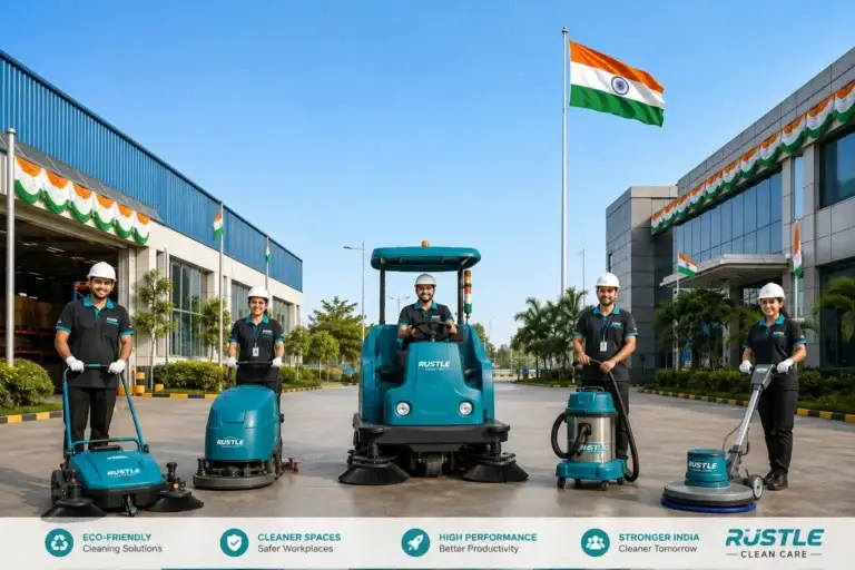 Industrial cleaning machines including manual sweeper, walk behind scrubber dryer, ride on sweeper, industrial vacuum cleaner and battery operated sweeper for Independence Day Clean India campaign by Rustle Clean Care.