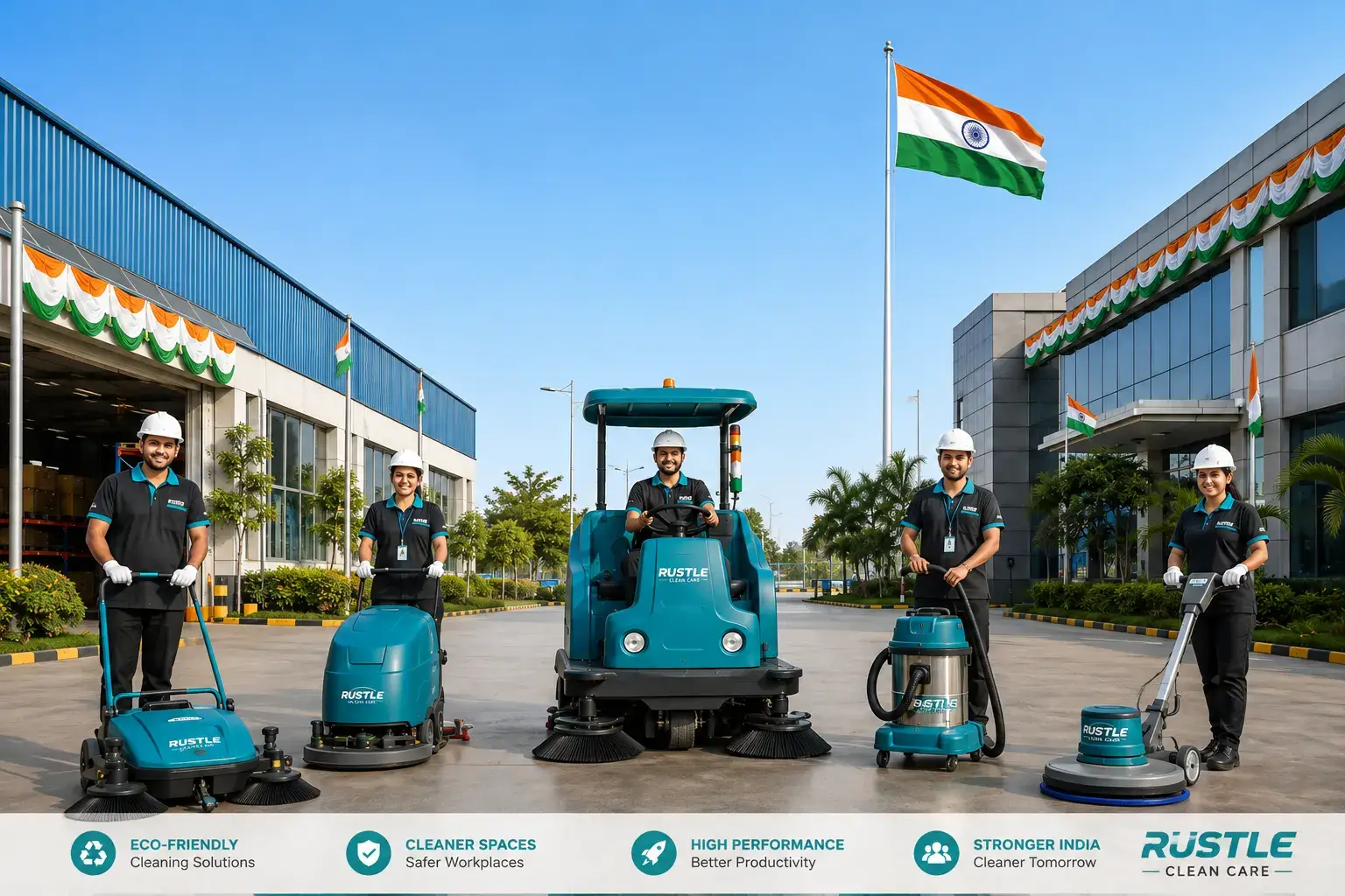 Industrial cleaning machines including manual sweeper, walk behind scrubber dryer, ride on sweeper, industrial vacuum cleaner and battery operated sweeper for Independence Day Clean India campaign by Rustle Clean Care.