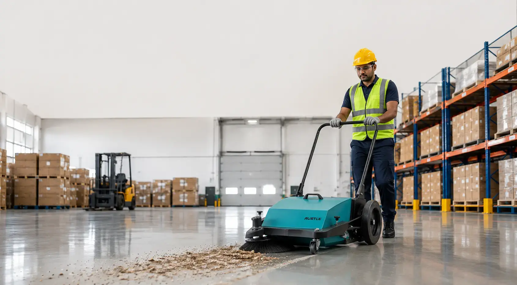 Rustle Clean Care Manual Sweeper Machine cleaning a warehouse floor in India, ideal for industrial and commercial floor cleaning in factories, warehouses, shopping malls, hospitals, schools, and parking areas.