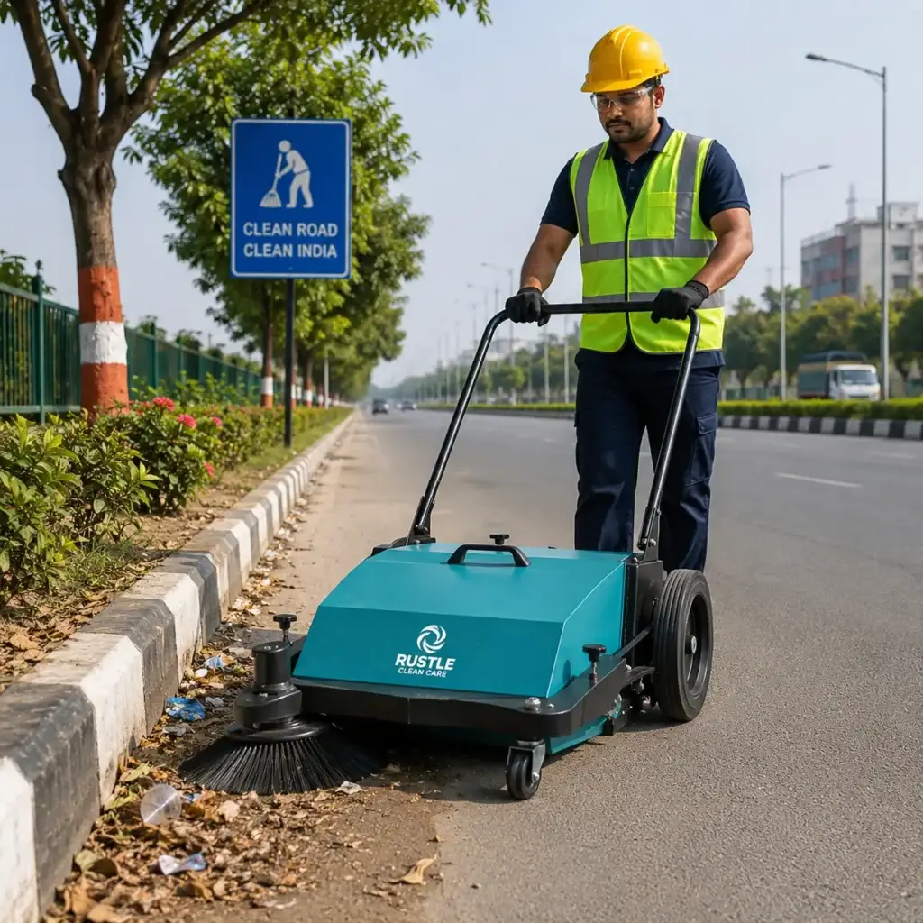 Rustle Clean Care Manual Sweeper Machine cleaning roadside dust, leaves, and litter on an Indian city road, ideal for industrial, commercial, and municipal street cleaning applications.