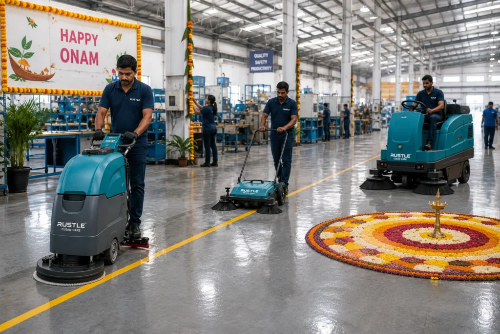 Rustle Clean Care industrial cleaning machines preparing a factory floor for Onam celebrations in India