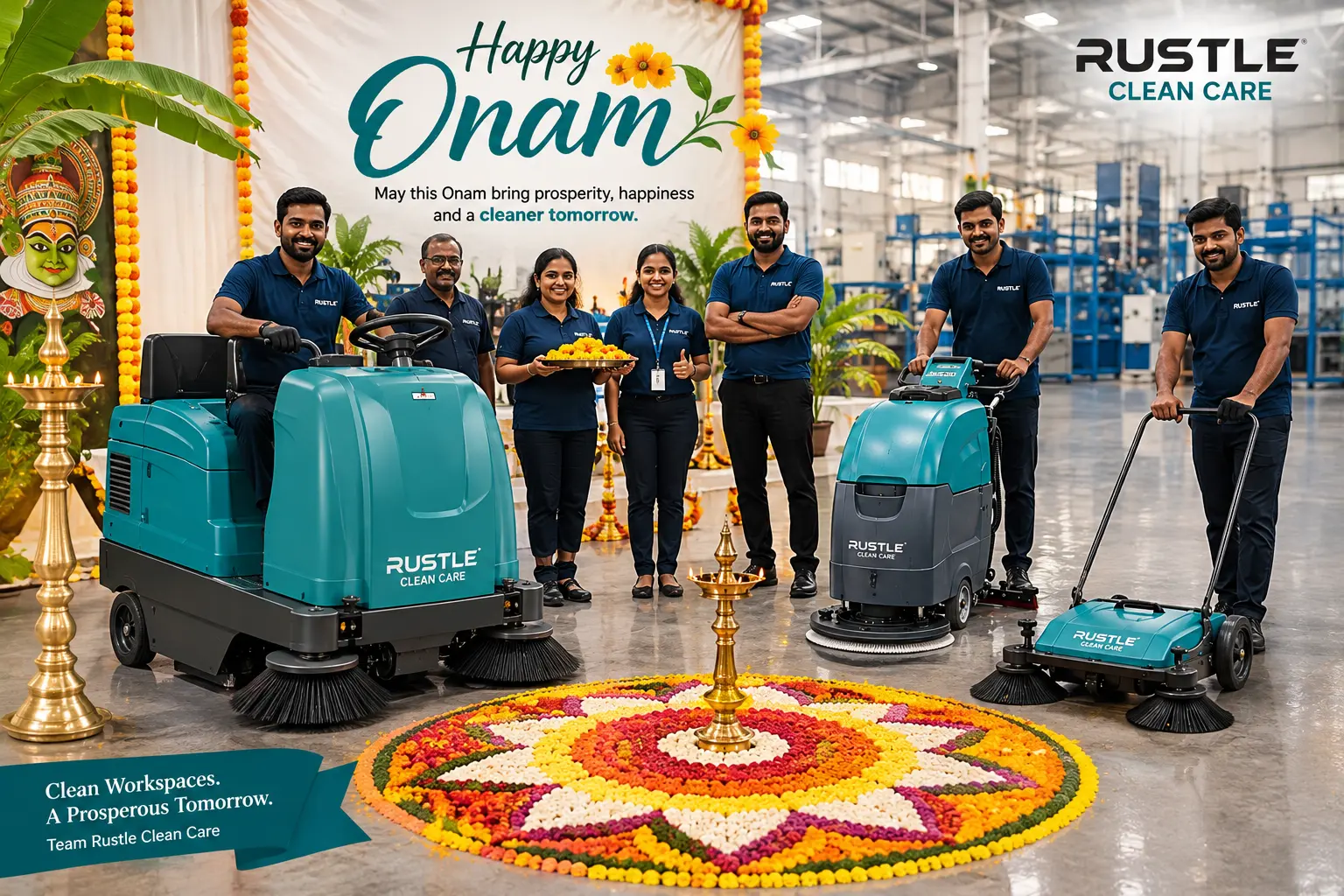 nam celebration with industrial cleaning machines at Rustle Clean Care in India. Onam cleaning guide