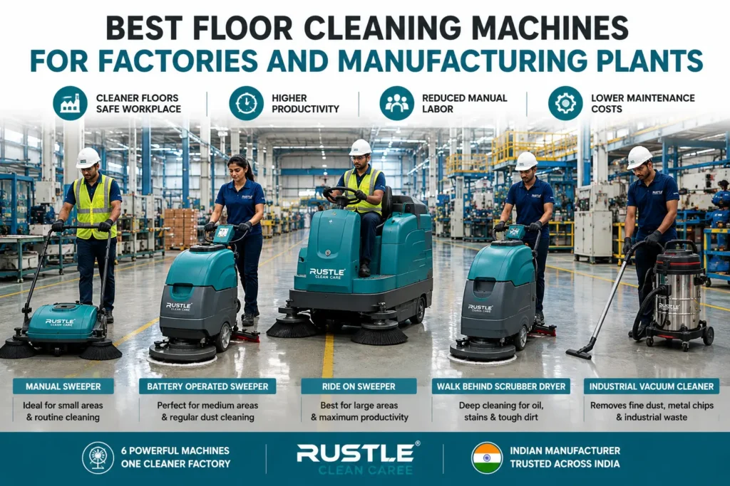 Ride on sweeper cleaning a large manufacturing plant floor