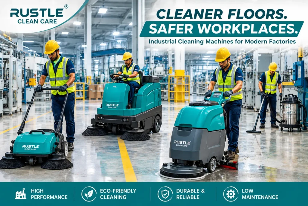 Walk behind scrubber dryer cleaning a manufacturing factory floor