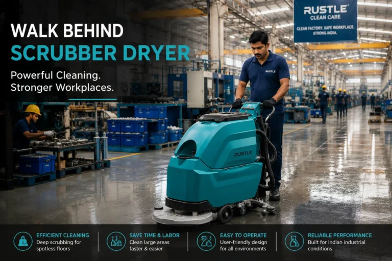 Walk behind scrubber dryer cleaning an industrial factory floor in India