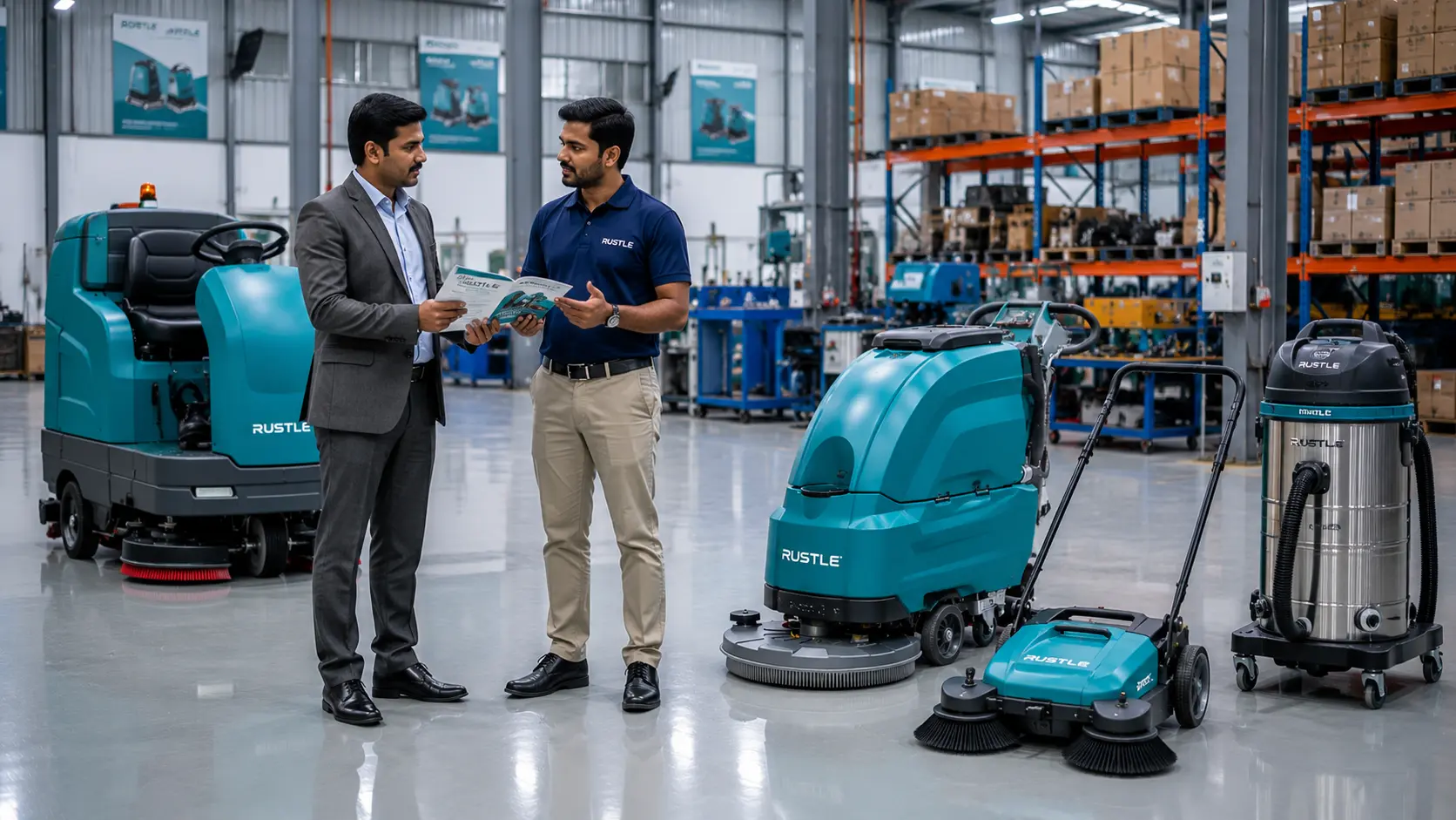 Industrial cleaning machine distributor in India discussing cleaning equipment with Rustle Clean Care