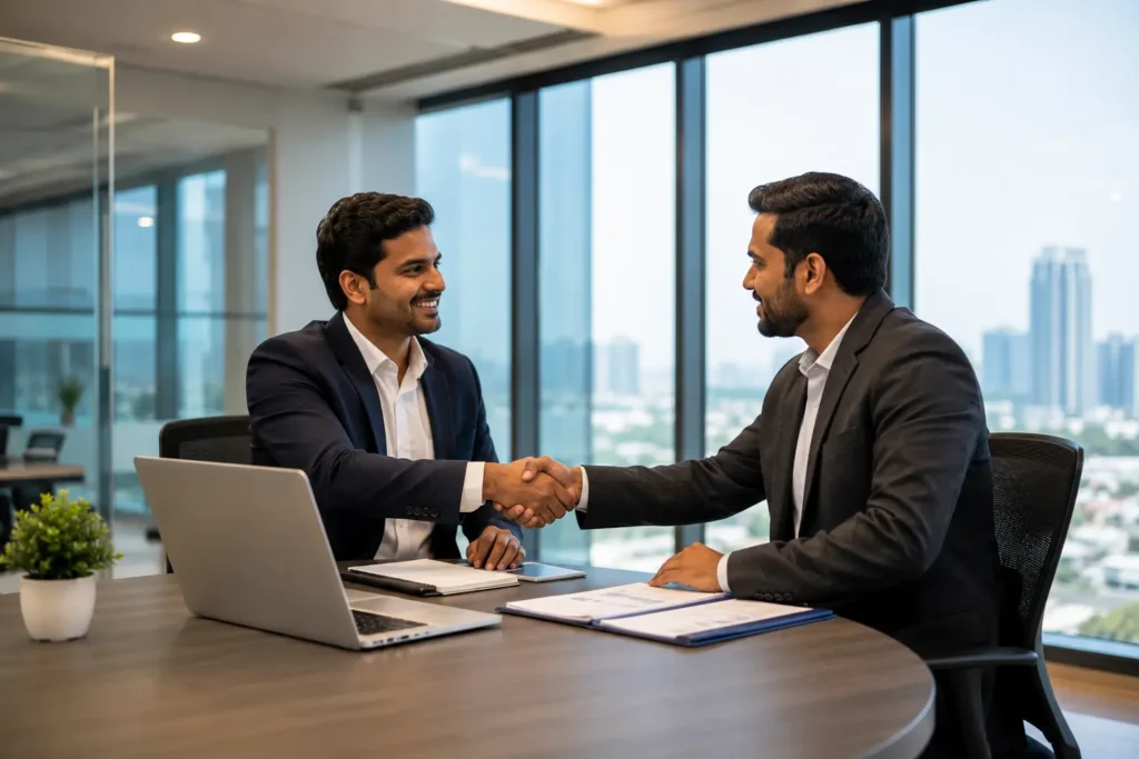 Business professionals discussing an industrial cleaning machine distributorship opportunity in India