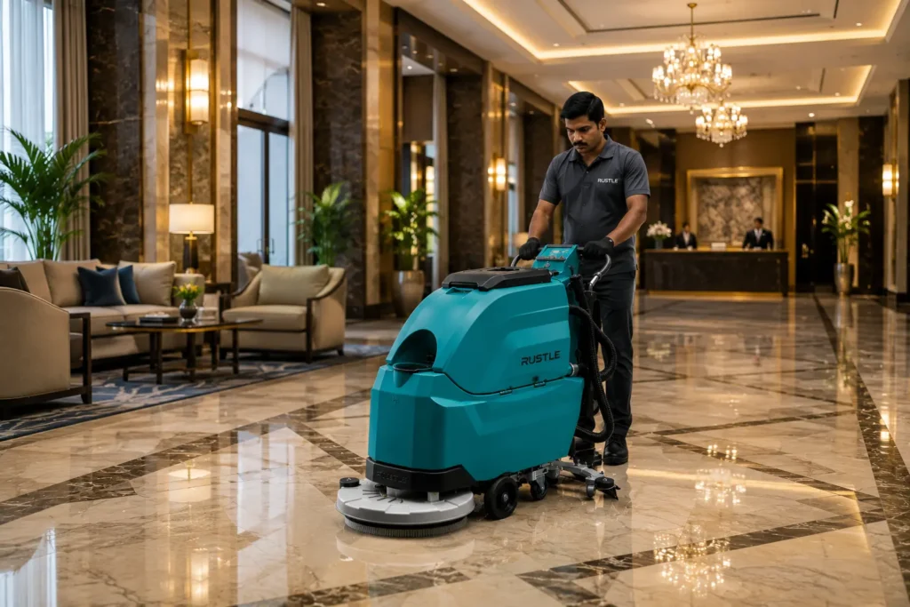 Rustle Clean Care walk behind scrubber dryer cleaning the floor of a luxury 5-star hotel