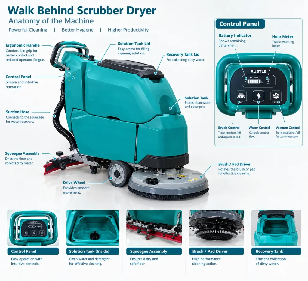 Rustle walk behind scrubber dryer anatomy showing control panel, solution tank, recovery tank, squeegee and brush driver